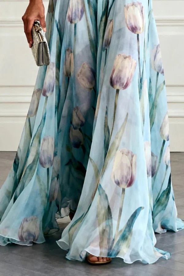 Vestido Largo Floral Elegancia Celeste