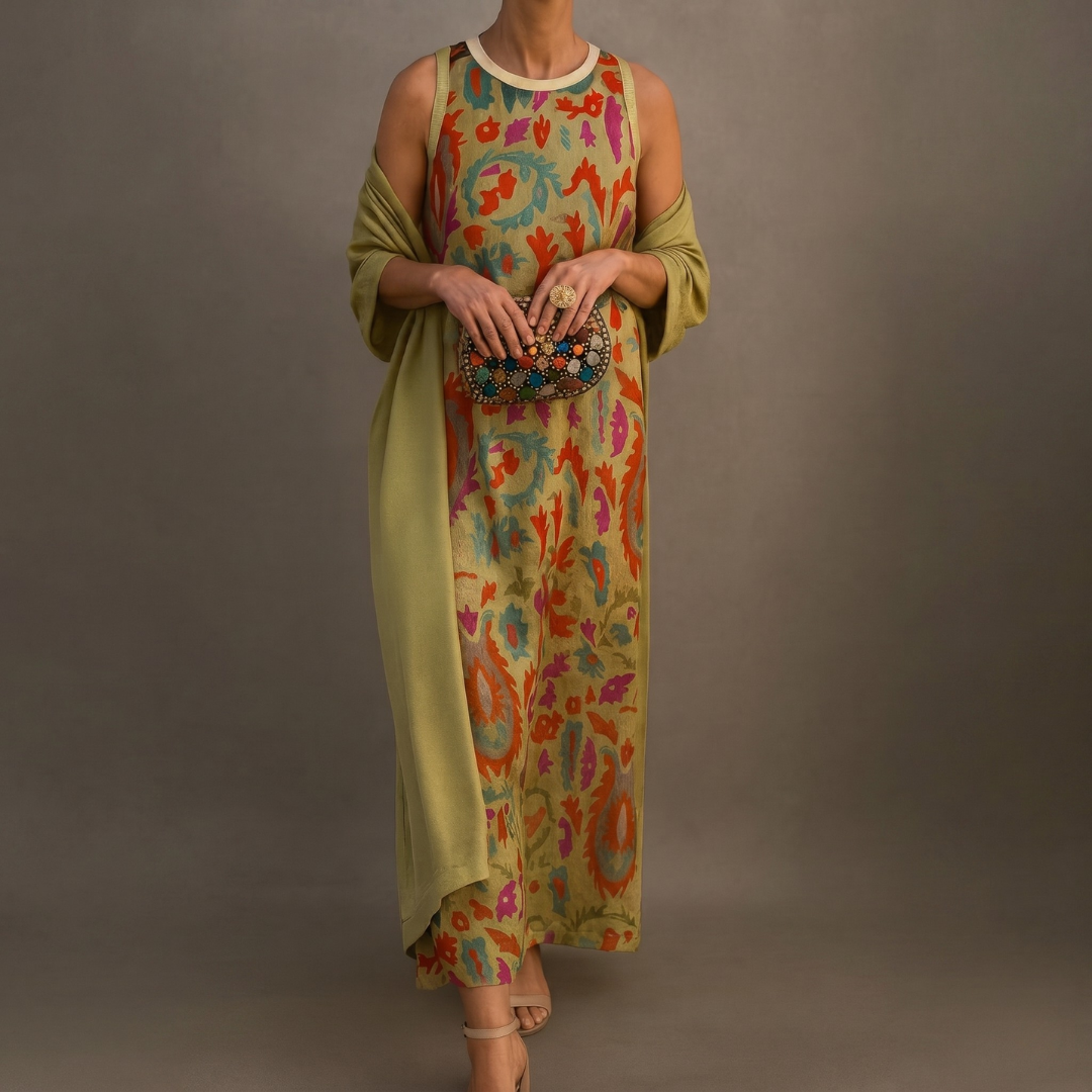 vestido Enmico Estampado y Cárdigan Largo