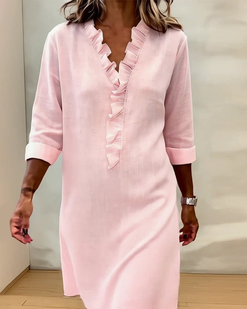 Vestido Recto Lino con Volantes