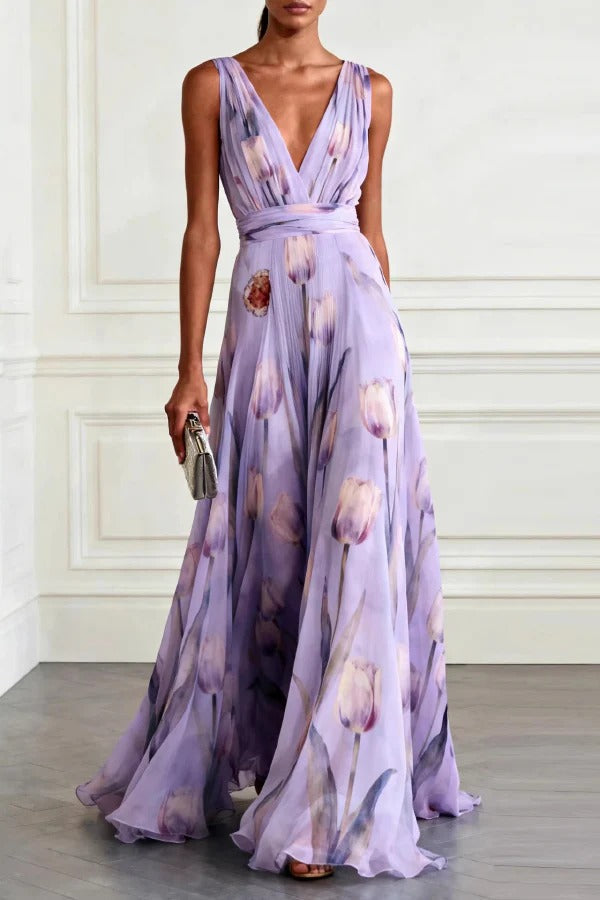 Vestido Largo Floral Elegancia Celeste