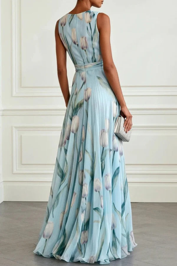 Vestido Largo Floral Elegancia Celeste