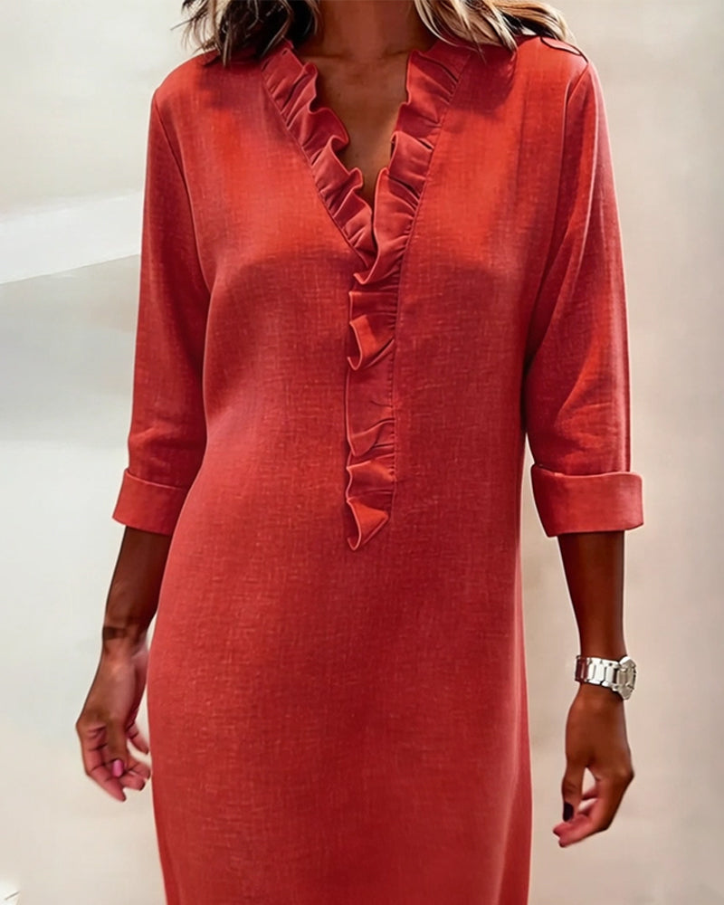 Vestido Recto Lino con Volantes
